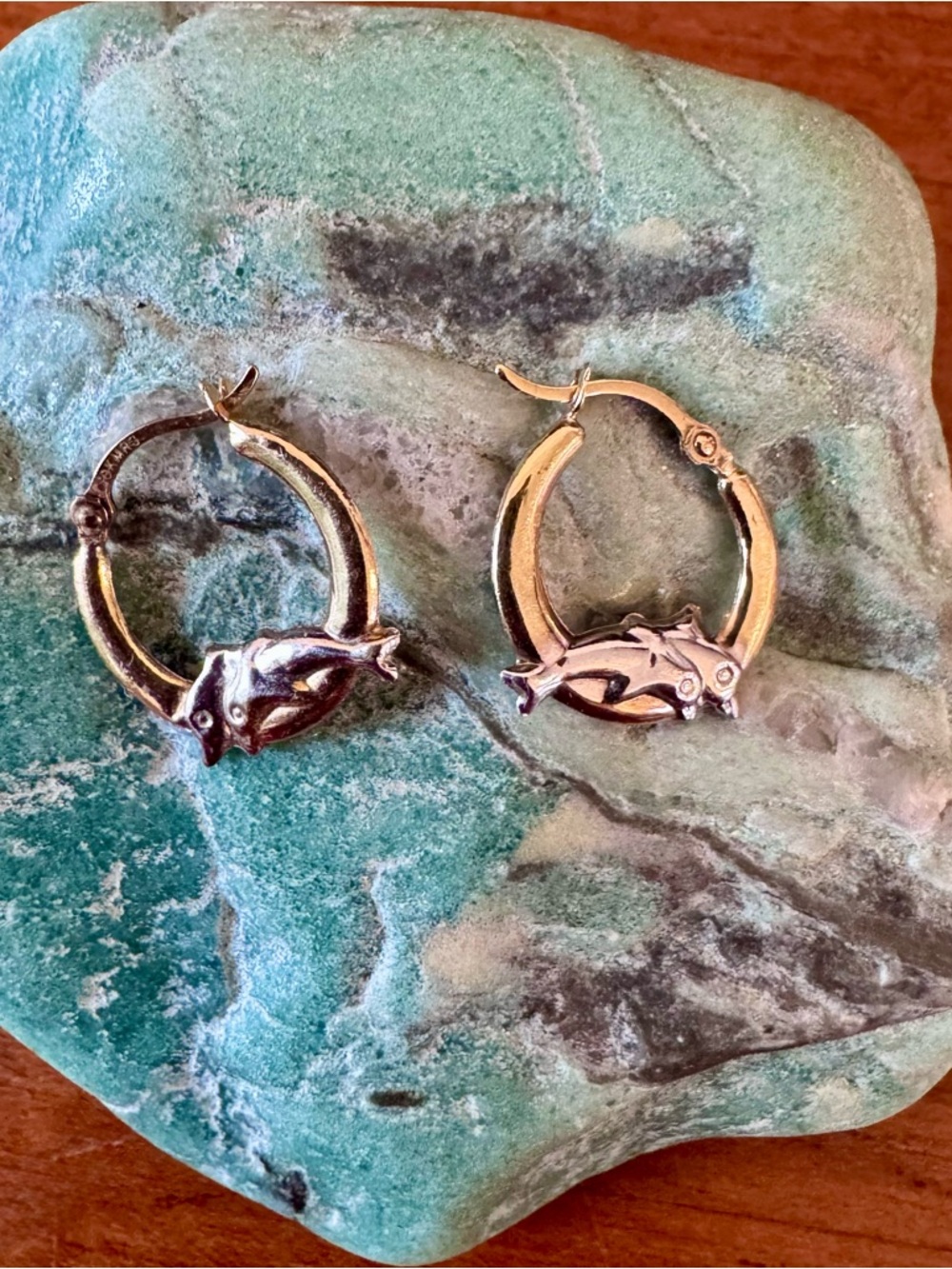 10K Two Tone Gold Dolphin Hoops Earrings